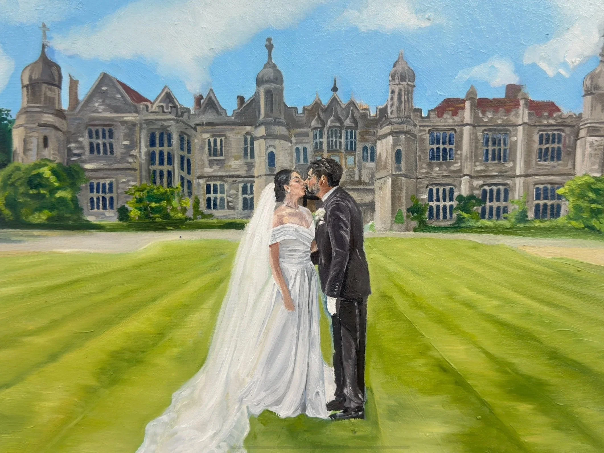 Painting of a bride and groom kissing in front of a large castle with blue sky and clouds.