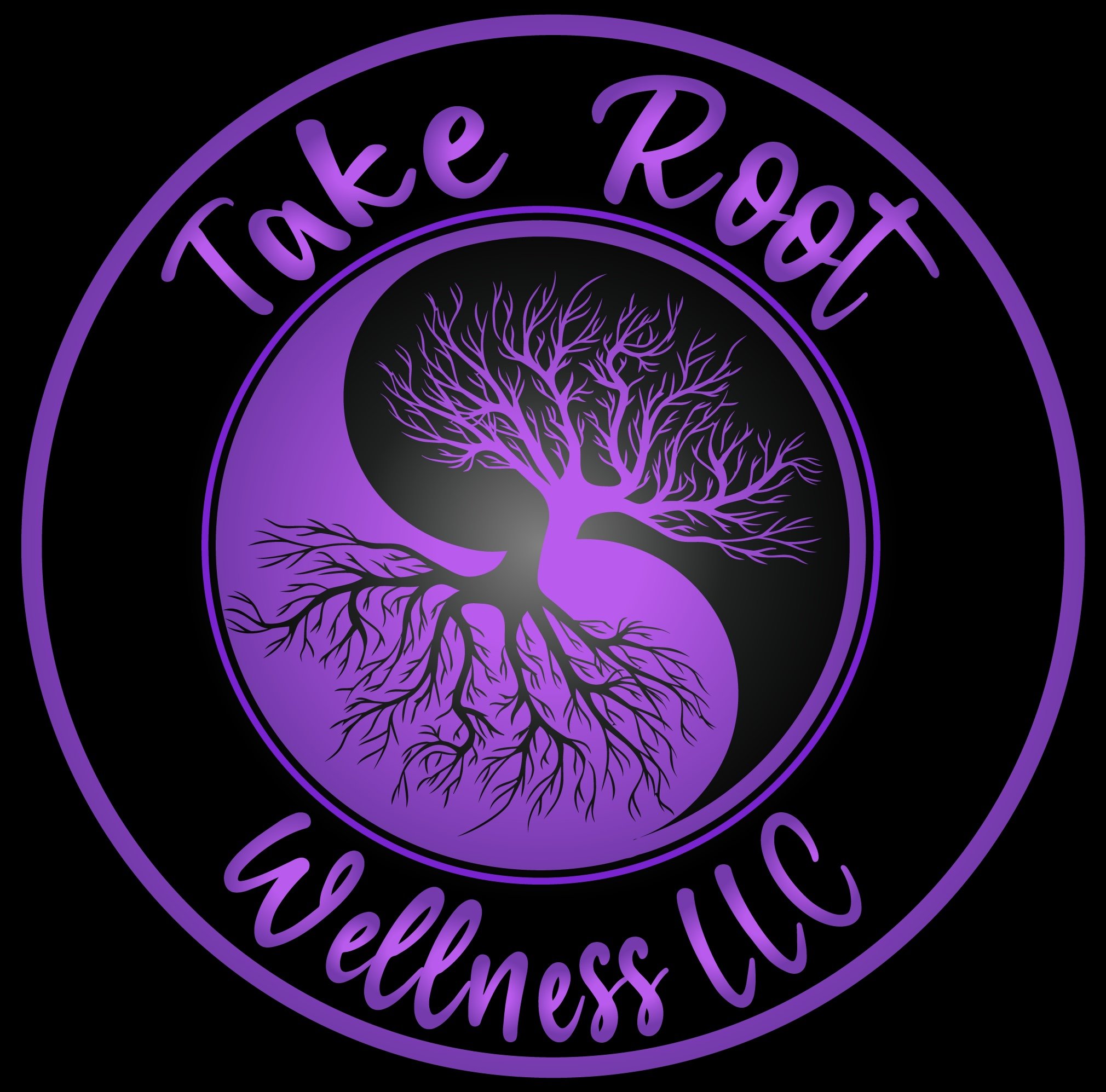 A logo with the words "Take Radoff Self Esteem" written in purple cursive text, surrounding a purple tree illustration on a black background.
