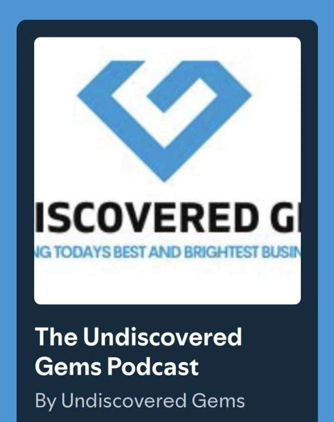 Logo of a registered trademark symbol above the words 'Discoverd G' and the subtitle 'Helping today's best and brightest business' followed by the podcast title 'The Undiscovered Gems Podcast' by Undiscovered Gems.