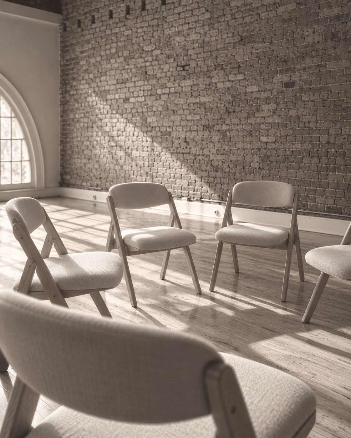 Sunlit empty chairs by exposed brick.png
