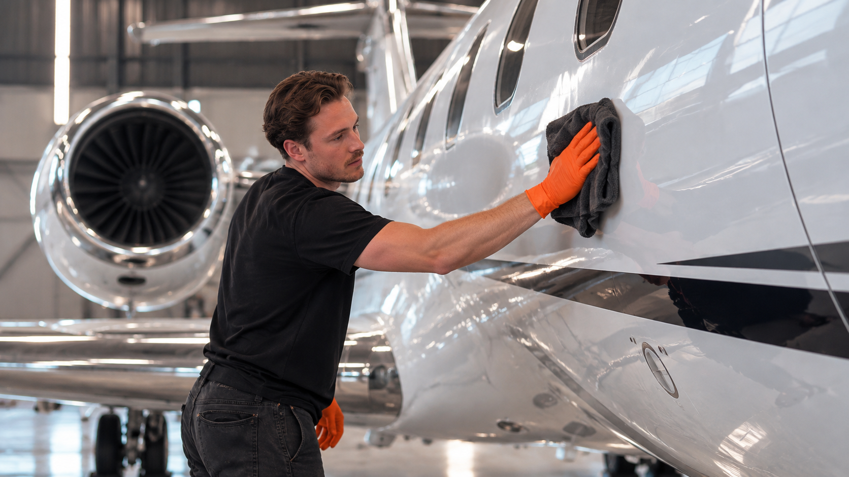 Ein Mann reinigt die Außenhaut eines Privatjets in einem Hangar.