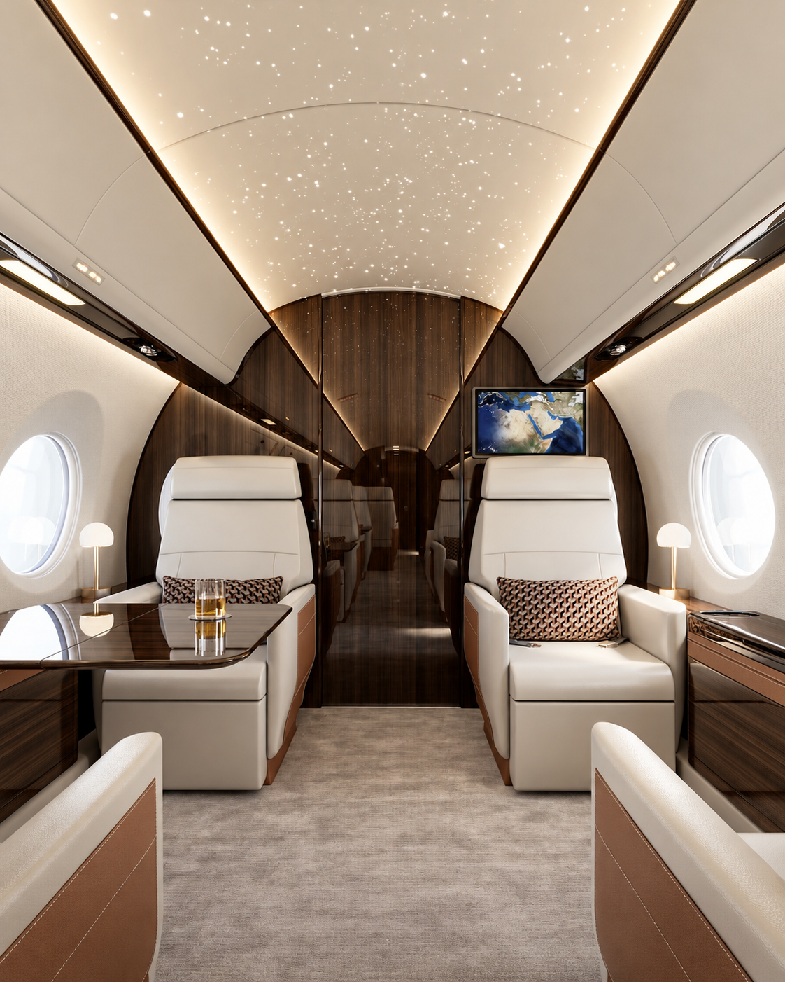 Innenansicht einer Privatjetkabine mit weißen Sitzen, kleiner Tafel, Lampen, einem Fernseher und Wolkenbilder durch die Fenster.
