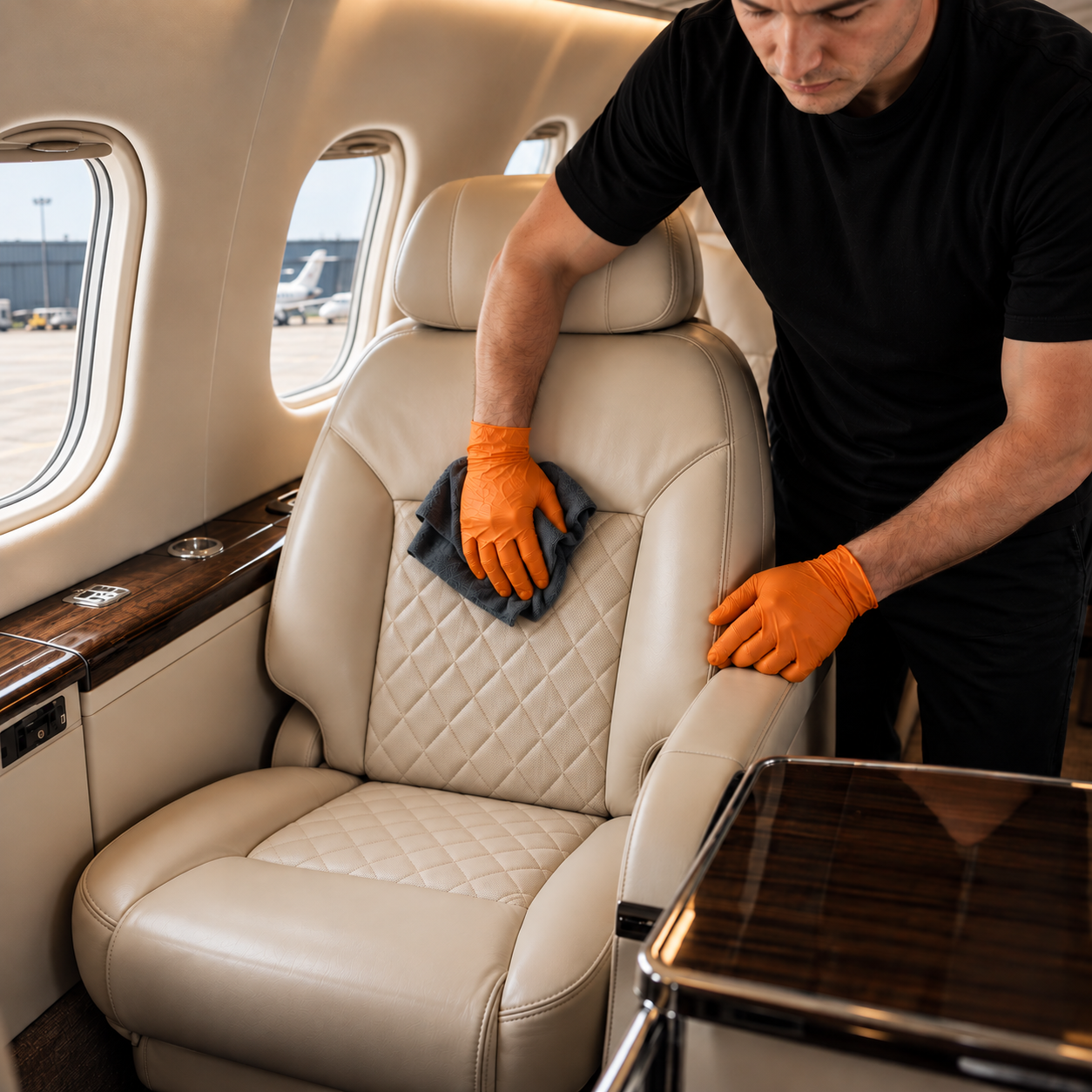 Mann reinigt den Sitz in einem Privatjet mit einem Tuch, trägt orange Handschuhe.