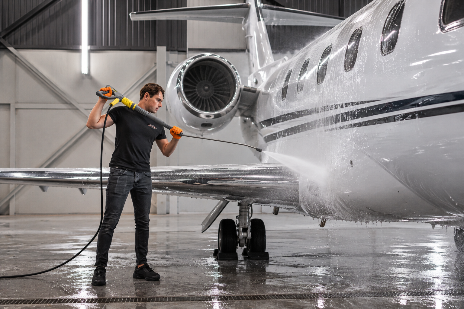 Ein Mann wäscht ein Privatjet in einer Flugzeughalle.