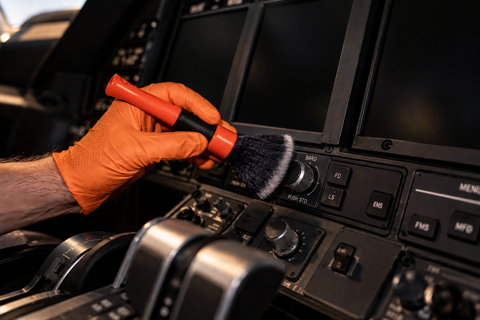 Person mit orangefarbener Gummihandschuhen reinigt die Bedienelemente eines Flugzeugcockpits mit einer Reinigungsbürste.