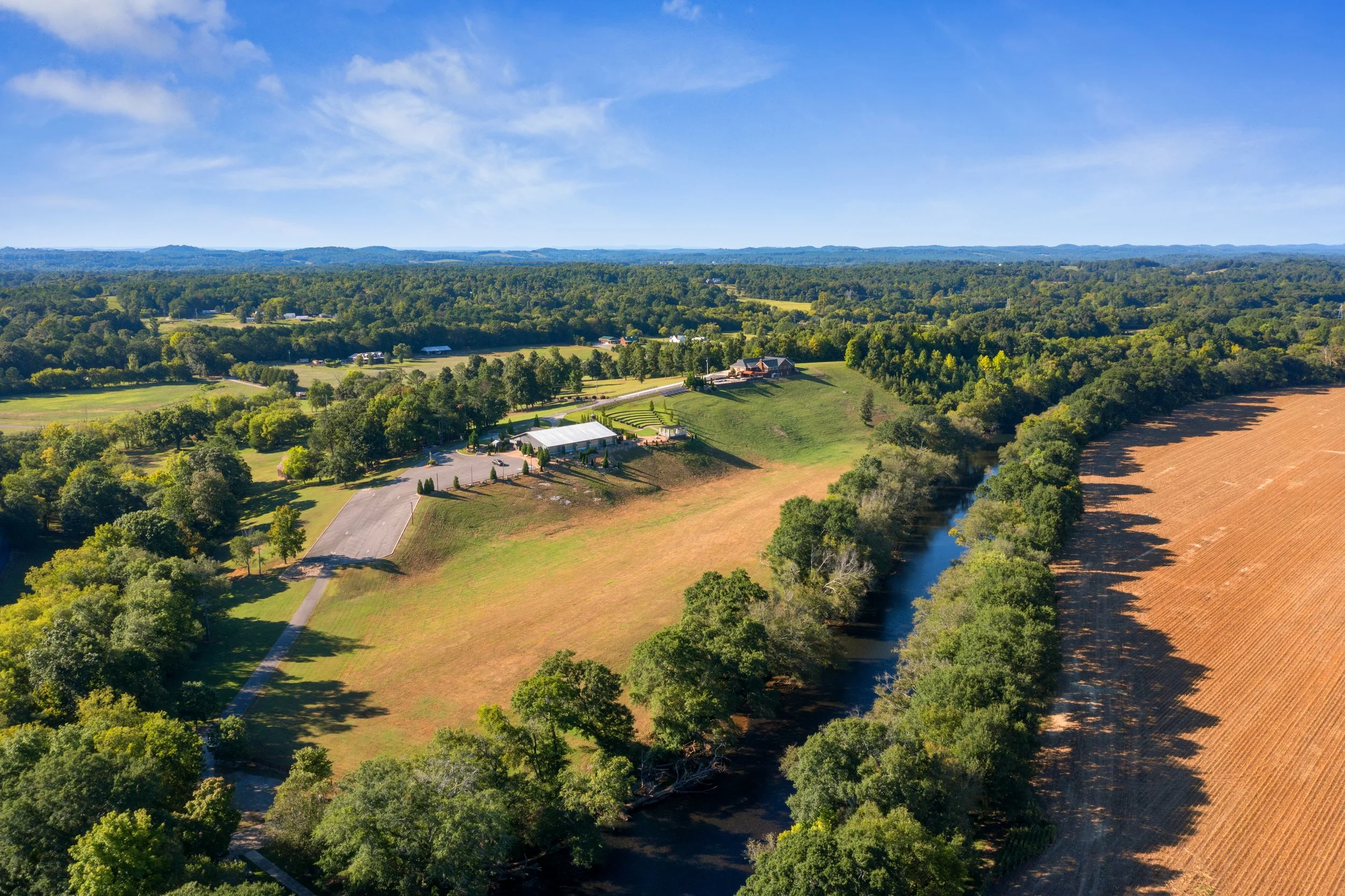 Aerial view of expansive legacy estate property in east Tennessee