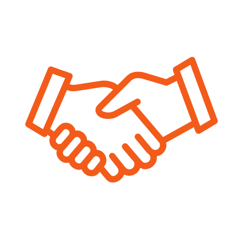 Orange outline of two hands shaking against a black background.