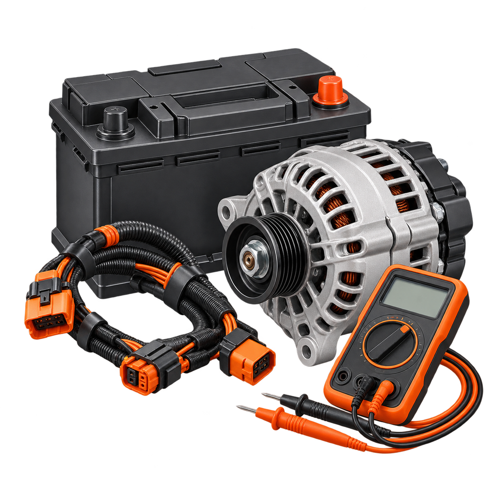 Illustration of a battery, alternator, wiring and electrical testing equipment