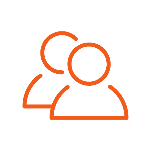Icon of two stylized human figures, outlined in orange, representing a group or teamwork.