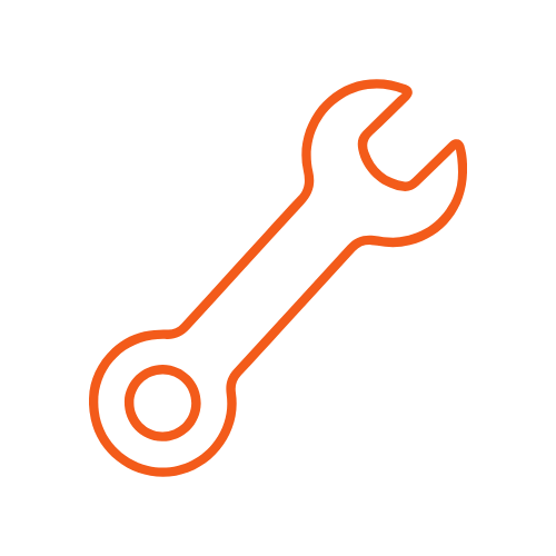 Neon orange open-end wrench icon on a black background.