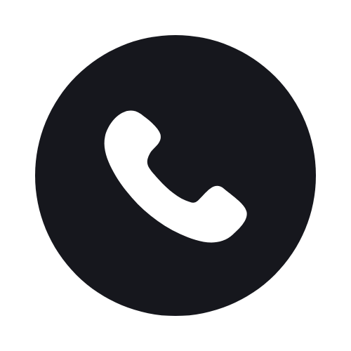 Icon of a white phone handset on a black circular background.