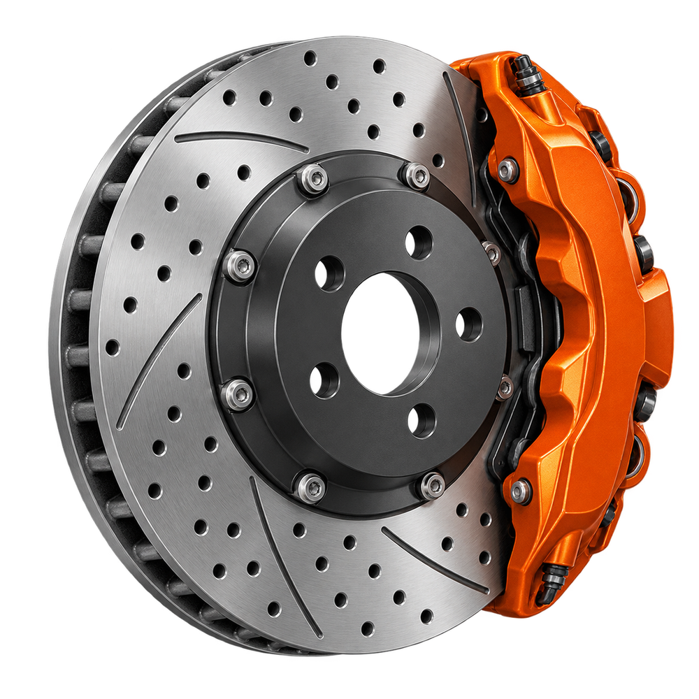 Illustration of a brake disc and orange brake caliper