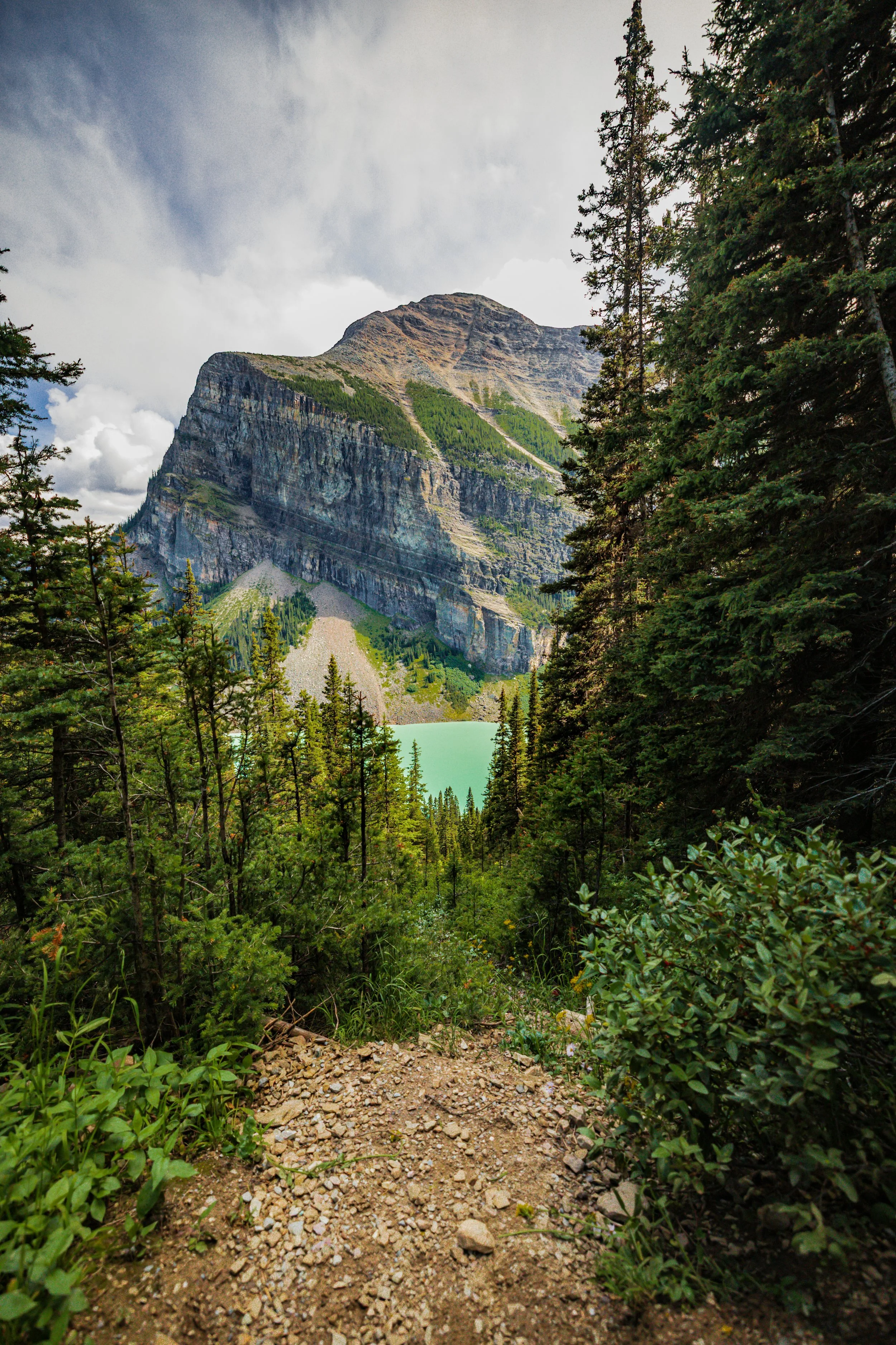 A mountain with green vegetation and rocky sides, surrounded by pine trees, with a partly cloudy sky in the background.