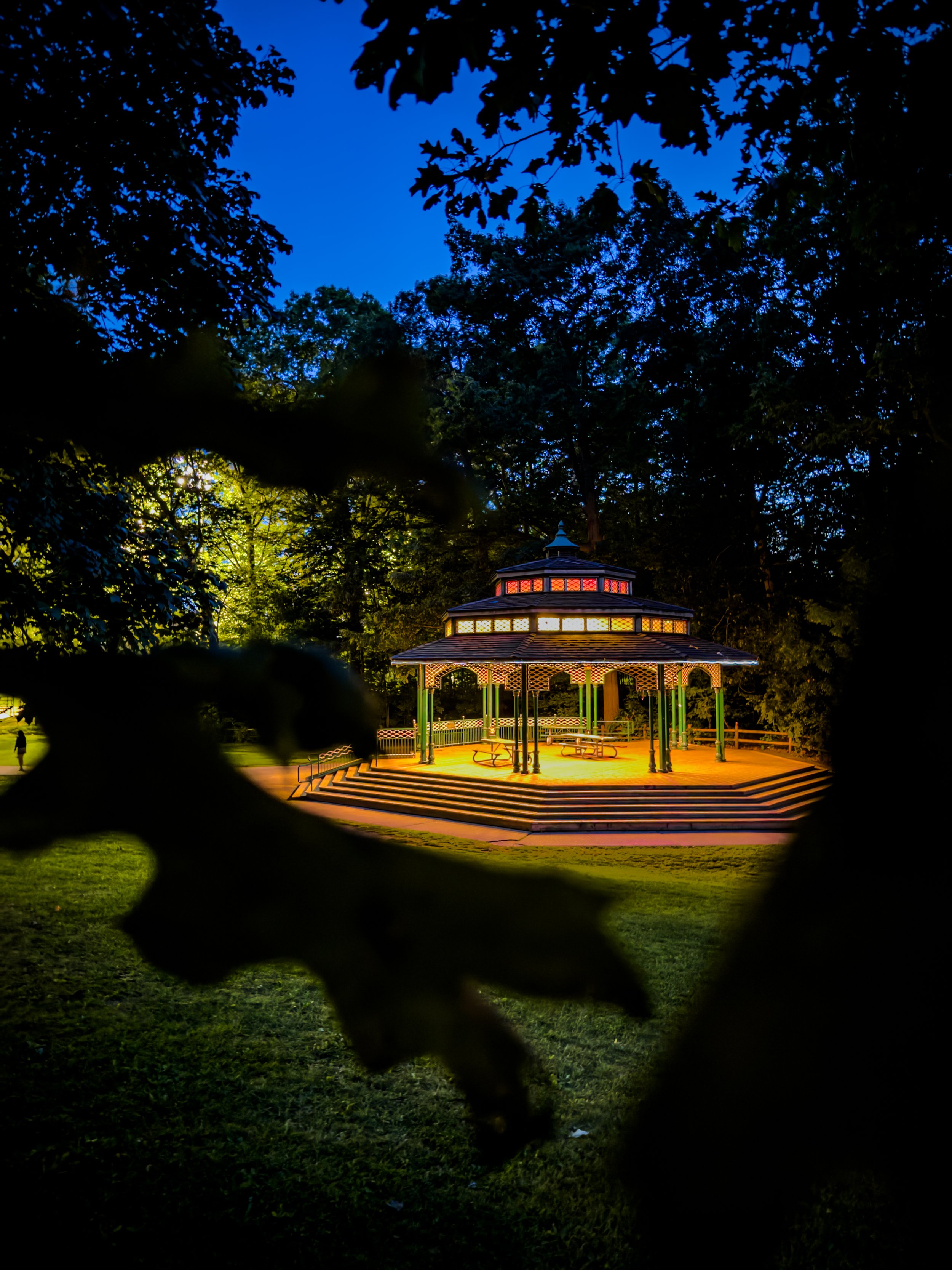 A brightly lit gazebo in a park at night, surrounded by dark trees and foliage with a twilight blue sky above.