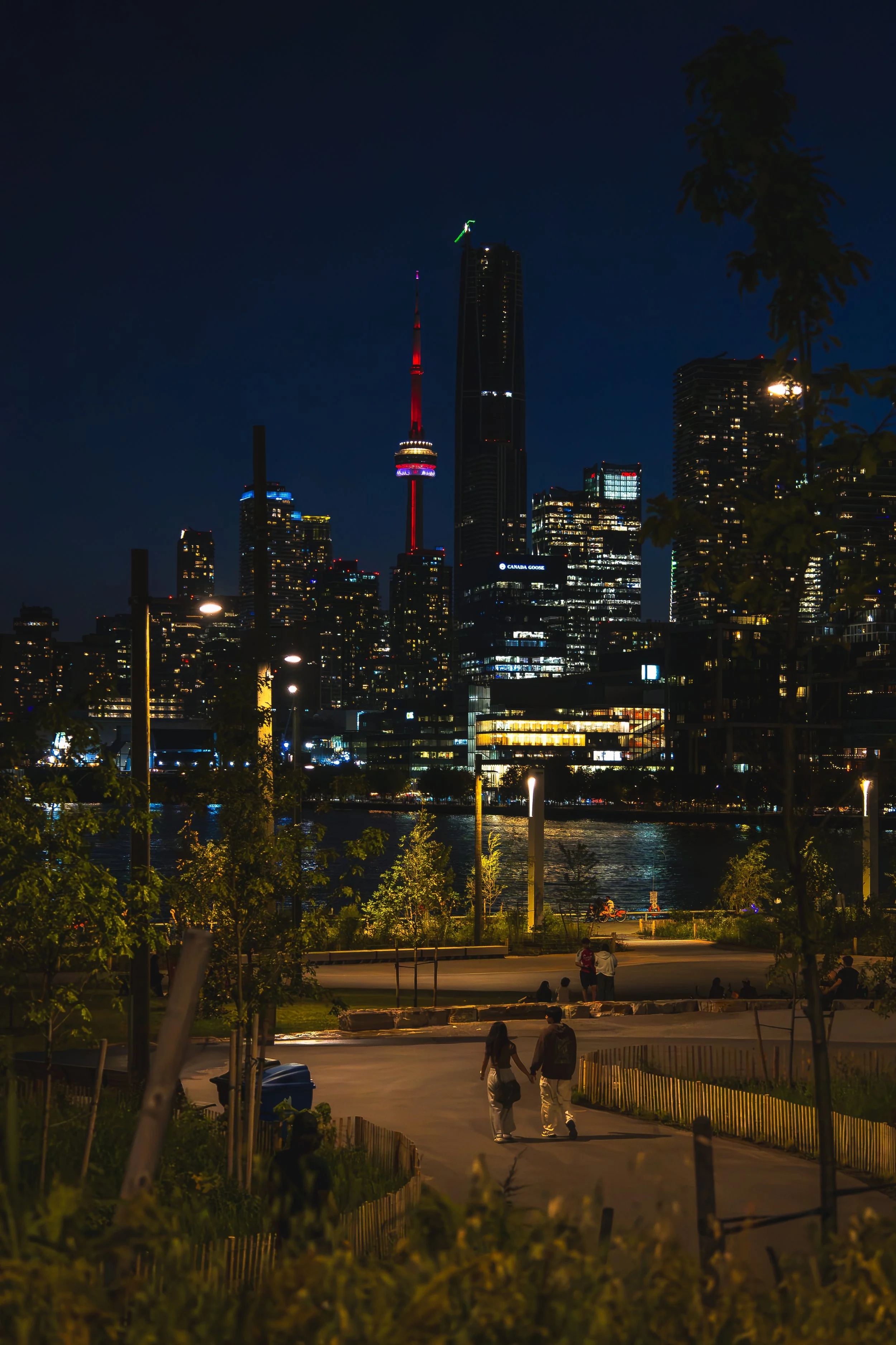 Night cityscape of Toronto with illuminated buildings and the CN Tower lit with red, blue, and purple lights, viewed from a park with people walking, trees, and reflections on the water.