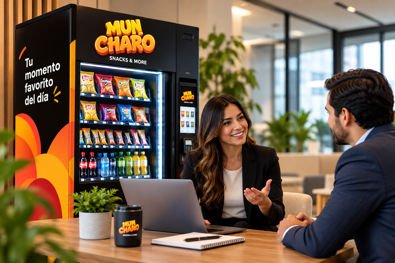 Reunión corporativa junto a una máquina dispensadora MUNCHARO en un espacio de oficina moderno.