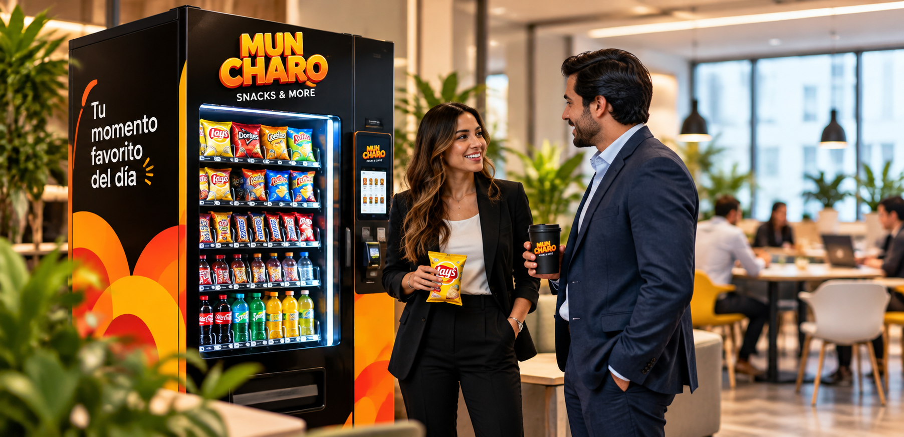 Máquina dispensadora MUNCHARO integrada en un ambiente corporativo moderno para colaboradores y visitantes.