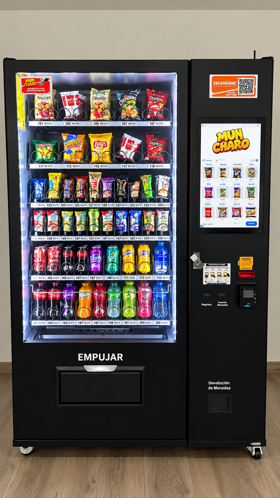 Máquina dispensadora MUNCHARO abastecida con snacks, bebidas y sistema de autoservicio.