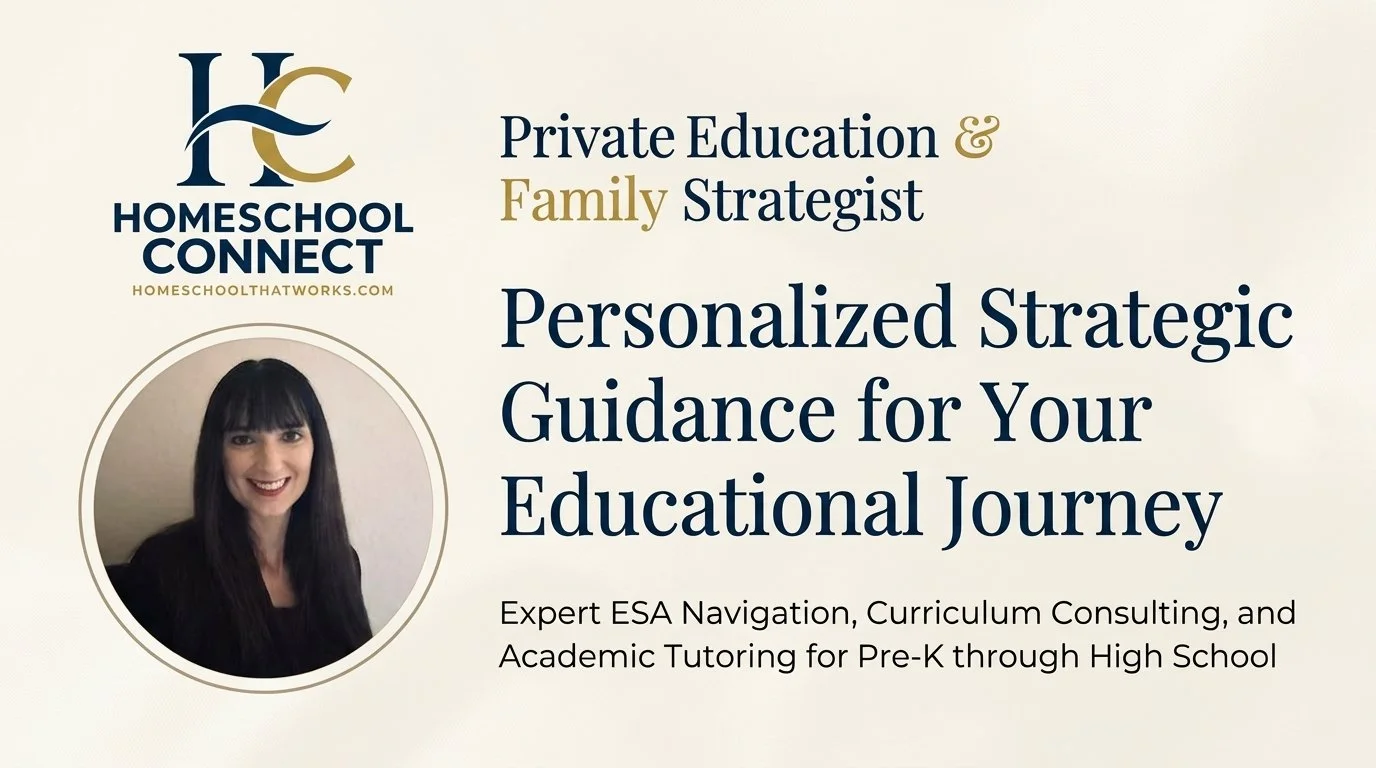 Promotional graphic for Homeschool Connect featuring a woman with dark hair, text about personalized educational guidance, and a logo with the initials HC.