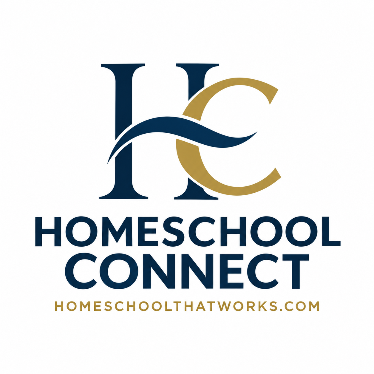 Logo for Homeschool Connect featuring stylized initials 'H' and 'C' in navy blue and gold, with the website homeschoolthatworks.com