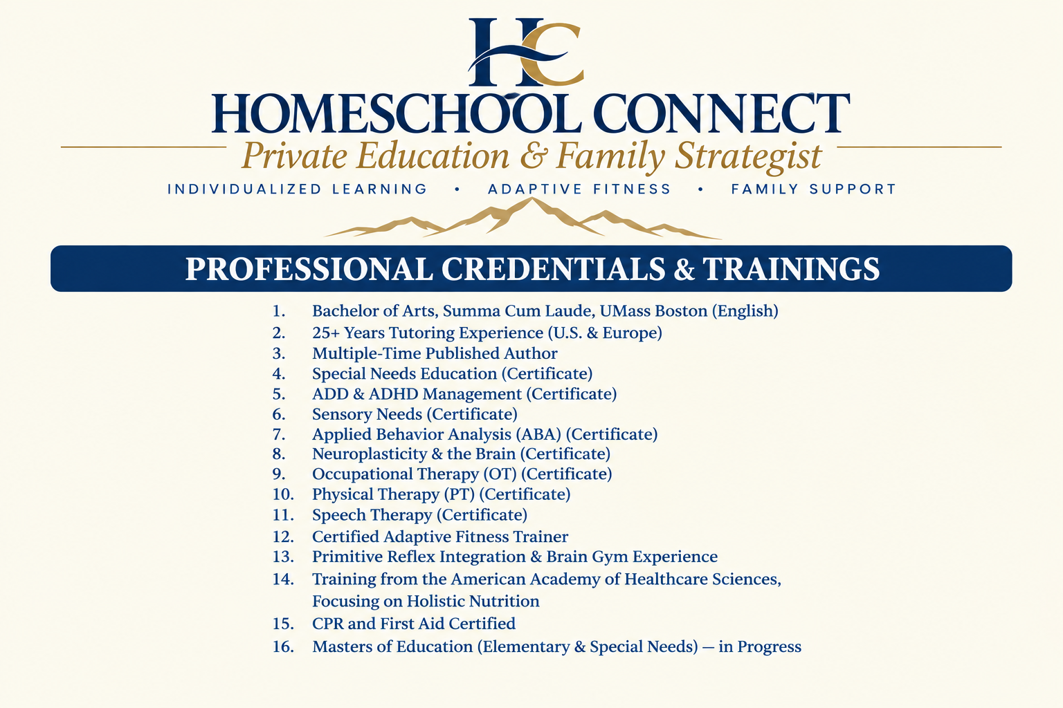 A list of professional credentials and trainings offered by Homeschool Connect, including various certificates related to education, therapy, fitness, and specialized training.