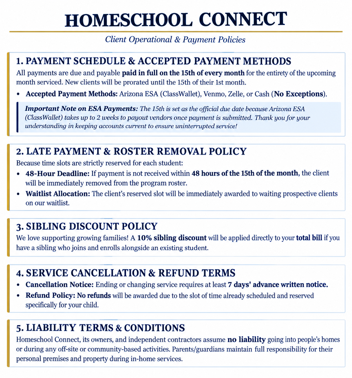Document titled Homeschool Connect outlining client operational and payment policies, including payment methods, late payment and roster removal policies, sibling discounts, service cancellation and refund terms, and liability terms and conditions.