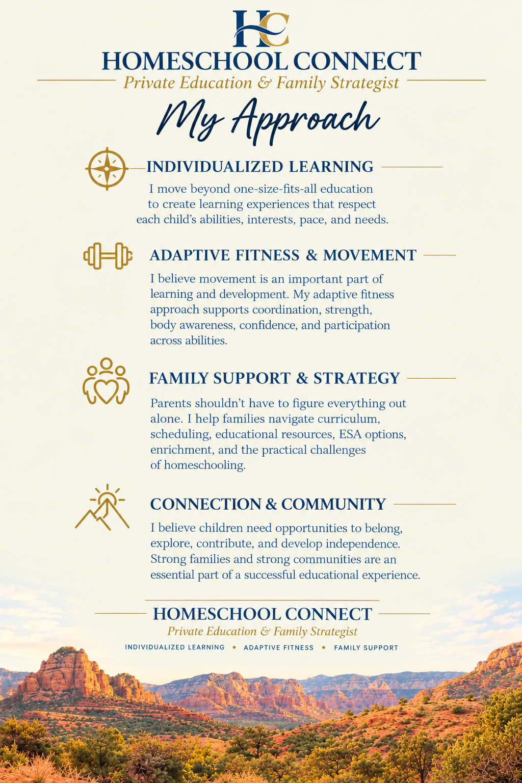 Homeschool Connect informational flyer with a desert landscape background. It features a logo at the top, followed by sections on personalized learning, adaptive fitness, family support, community connection, and homeschooling strategies. Each section has an icon, title, and description.