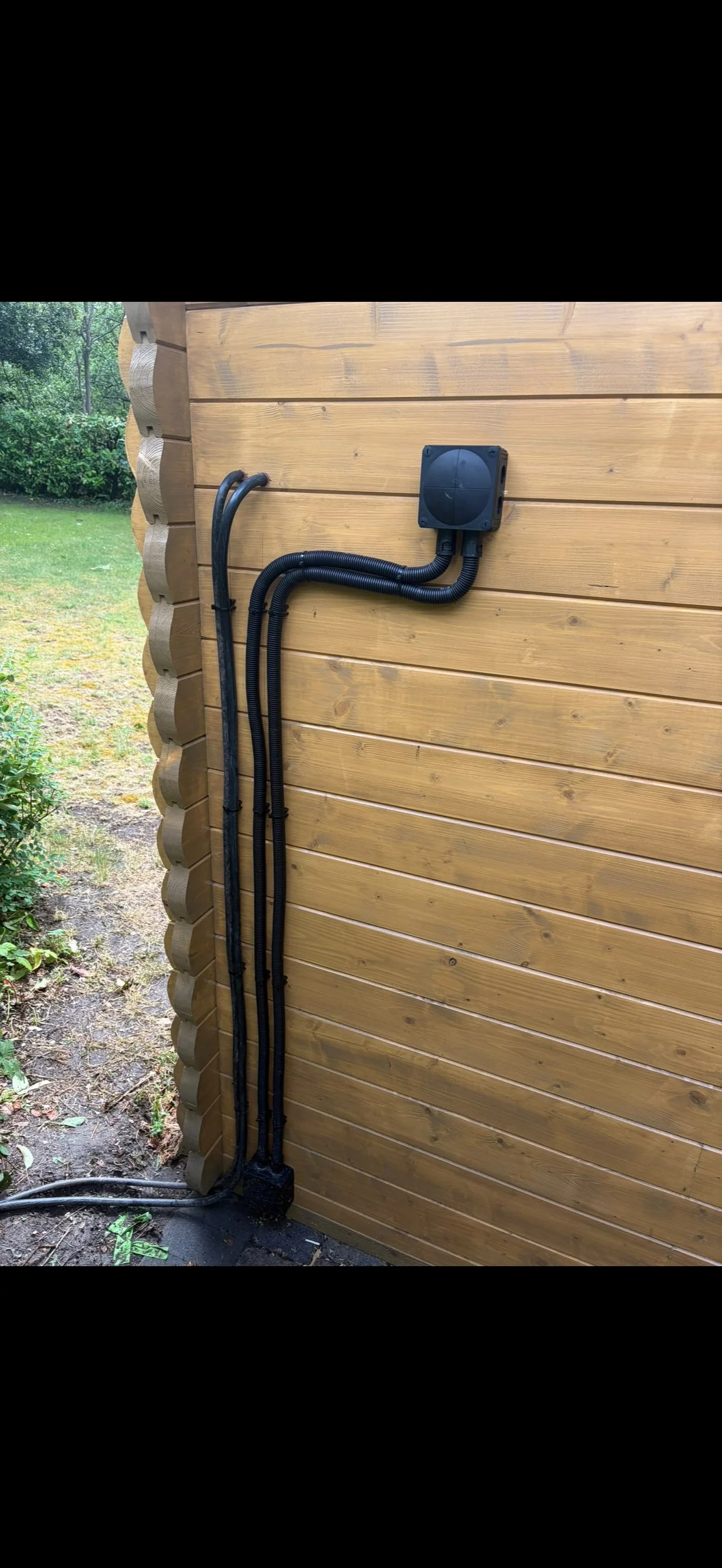 Electrical box mounted on a wooden wall with black conduit pipes running down the wall, outdoors near greenery.