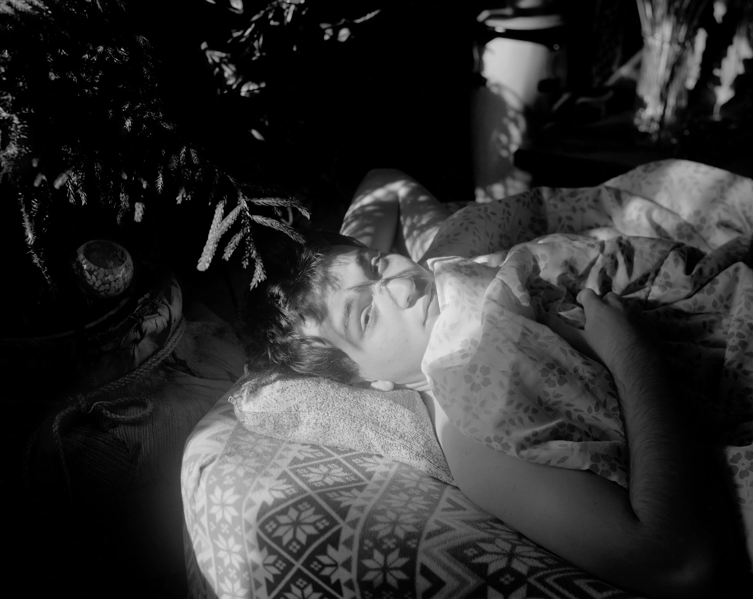 A woman lying on her side on a sofa with patterned cushions, thumbing through a book or magazine, with shadowy foliage above her in a cozy indoor setting.