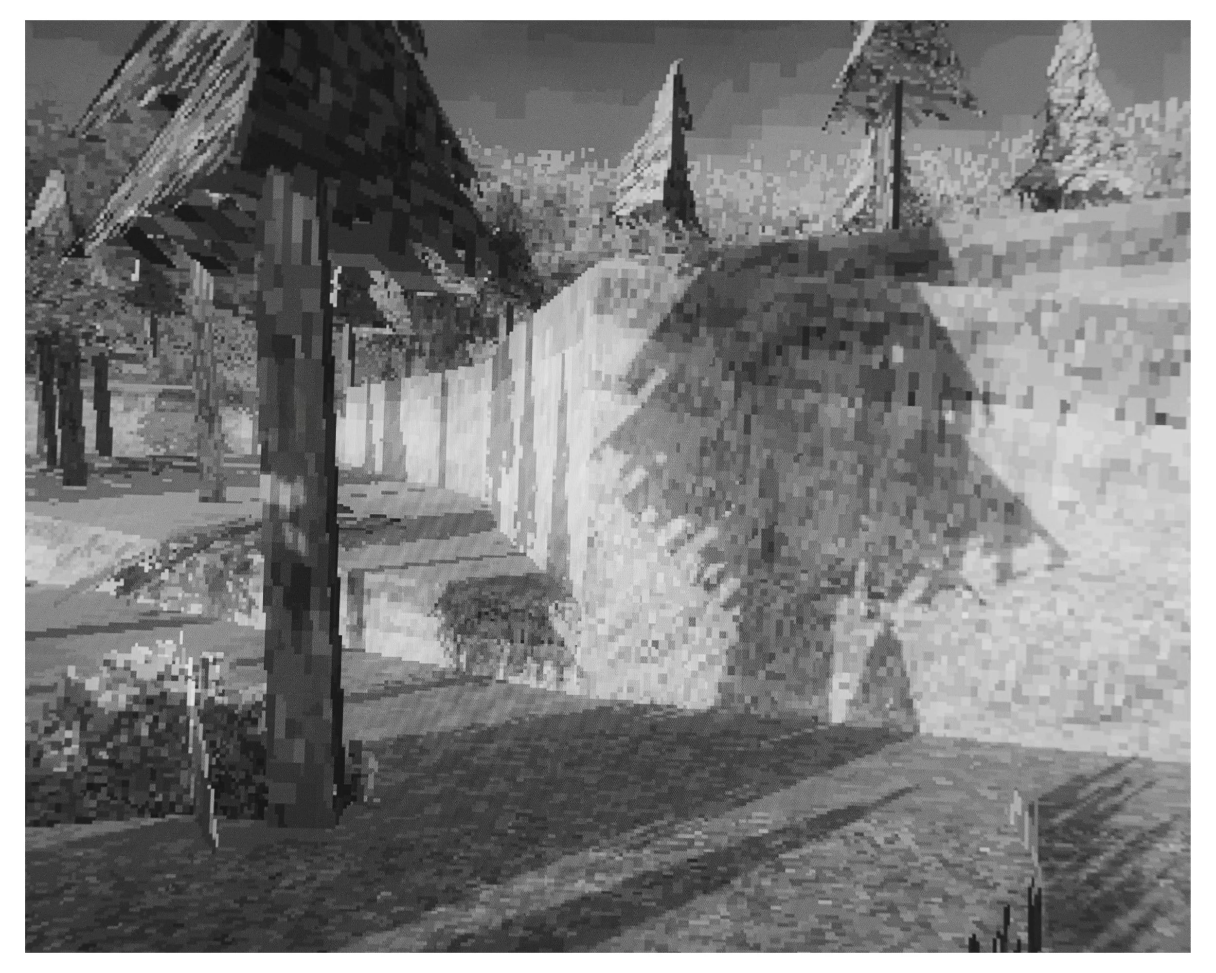 A pixelated, black-and-white image of a forest scene with tall trees and some ground foliage.