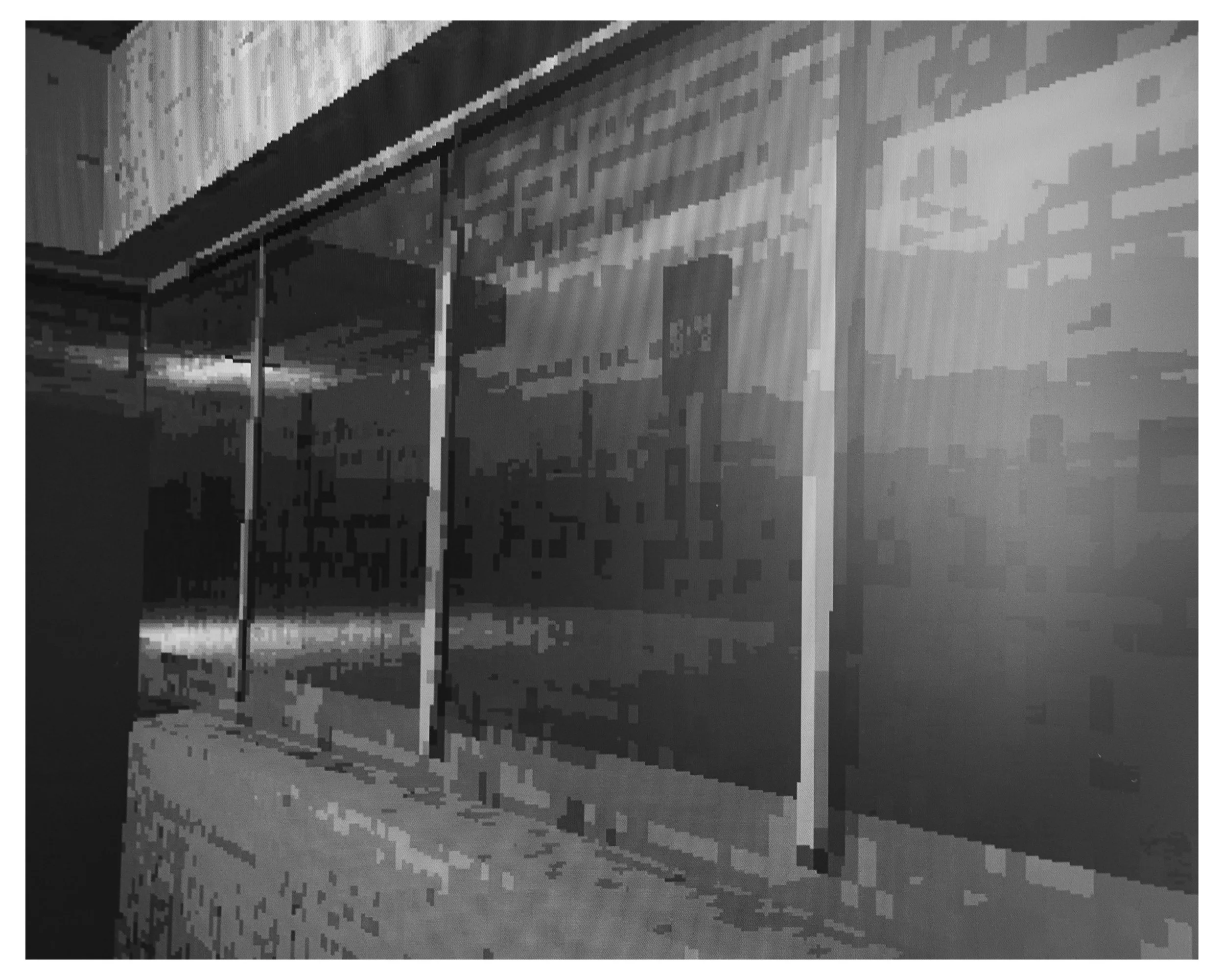 Black and white pixelated image of a building exterior with a partial roof and supporting poles.