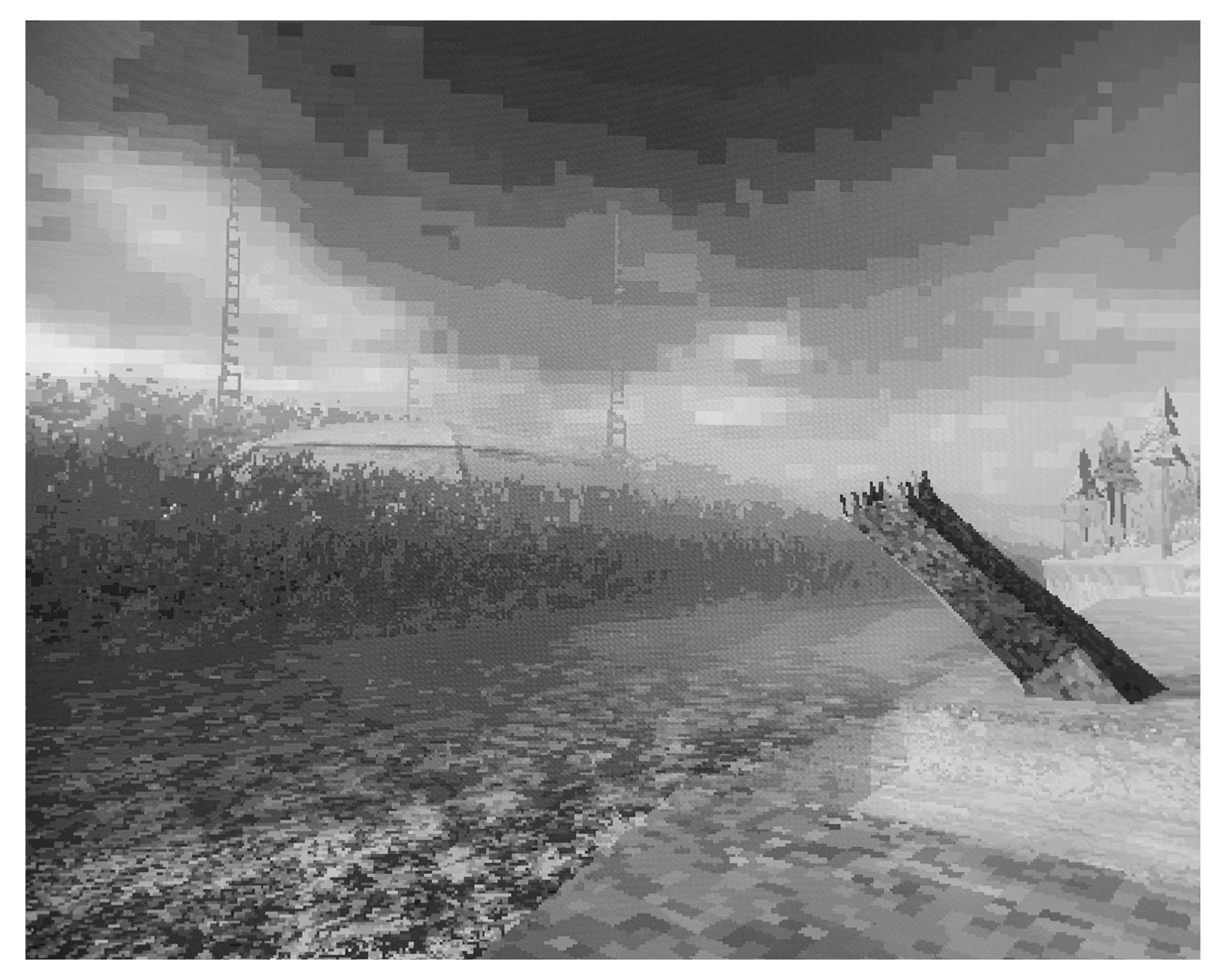 Black and white pixelated photo of a street scene with utility poles, trees, and a cloudy sky.