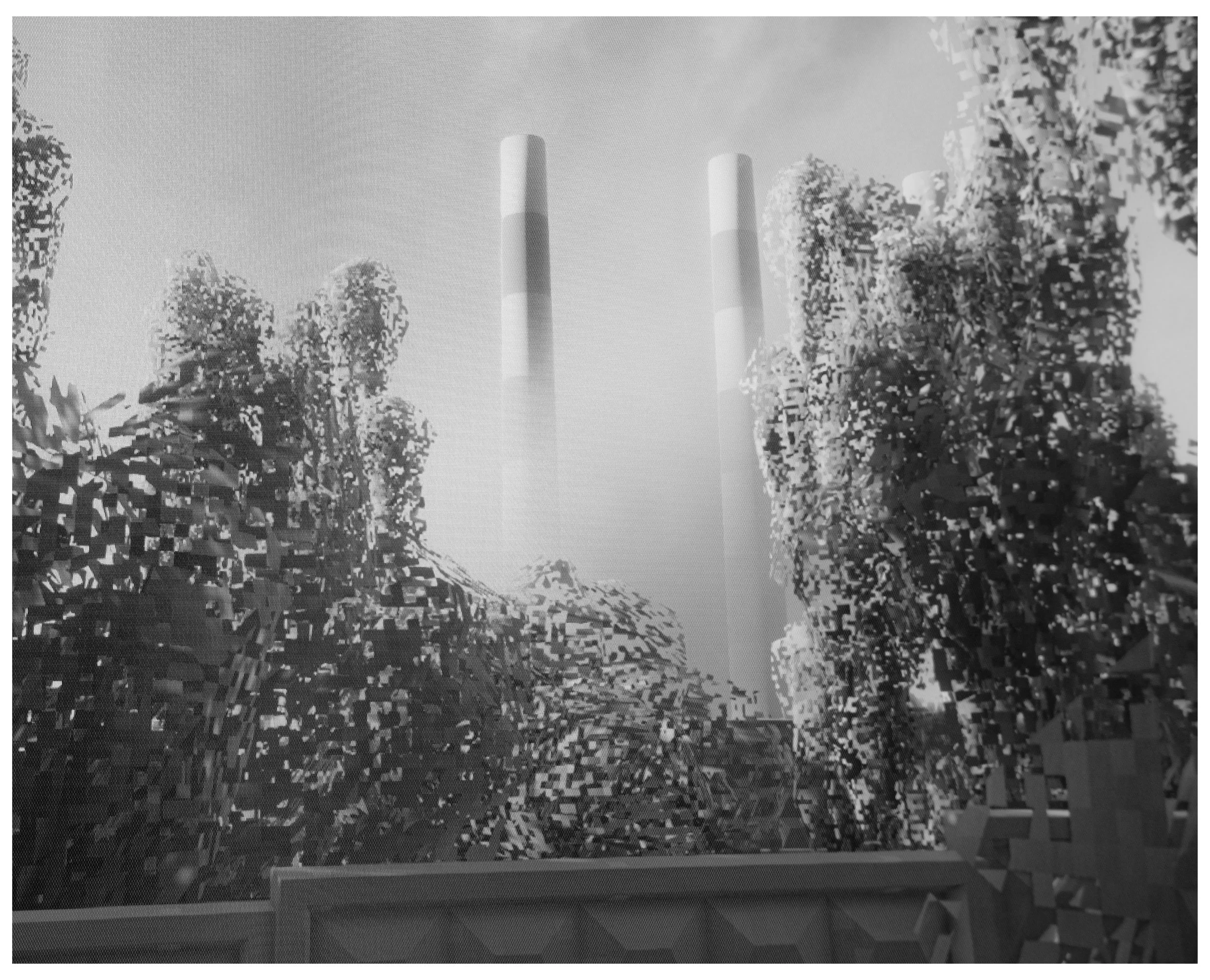 Black and white photo of industrial scene with three factory smokestacks in the distance, surrounded by a large number of trees.