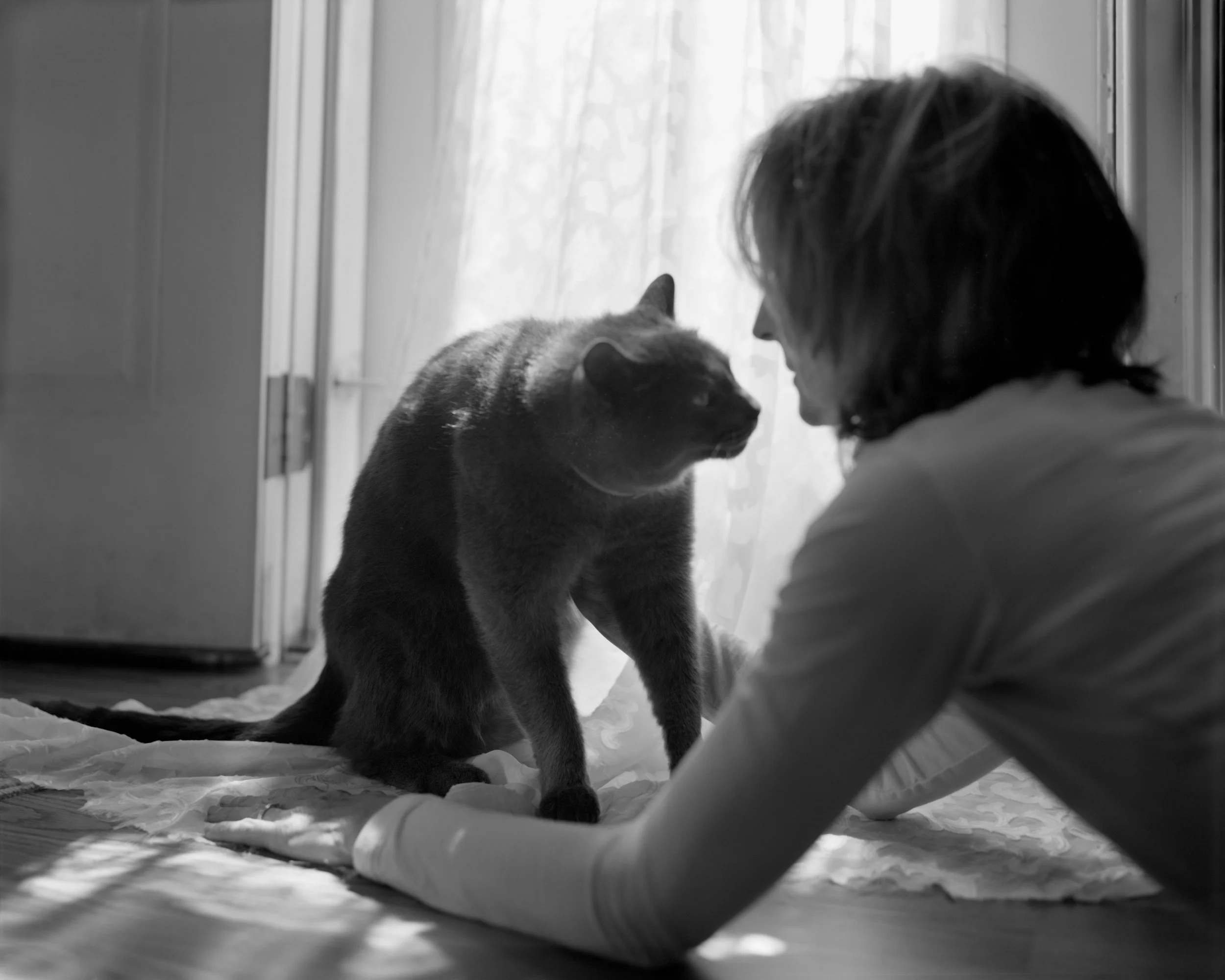A woman with dark hair touching noses with a black and white cat through a glass door, with a sheer curtain in the background.