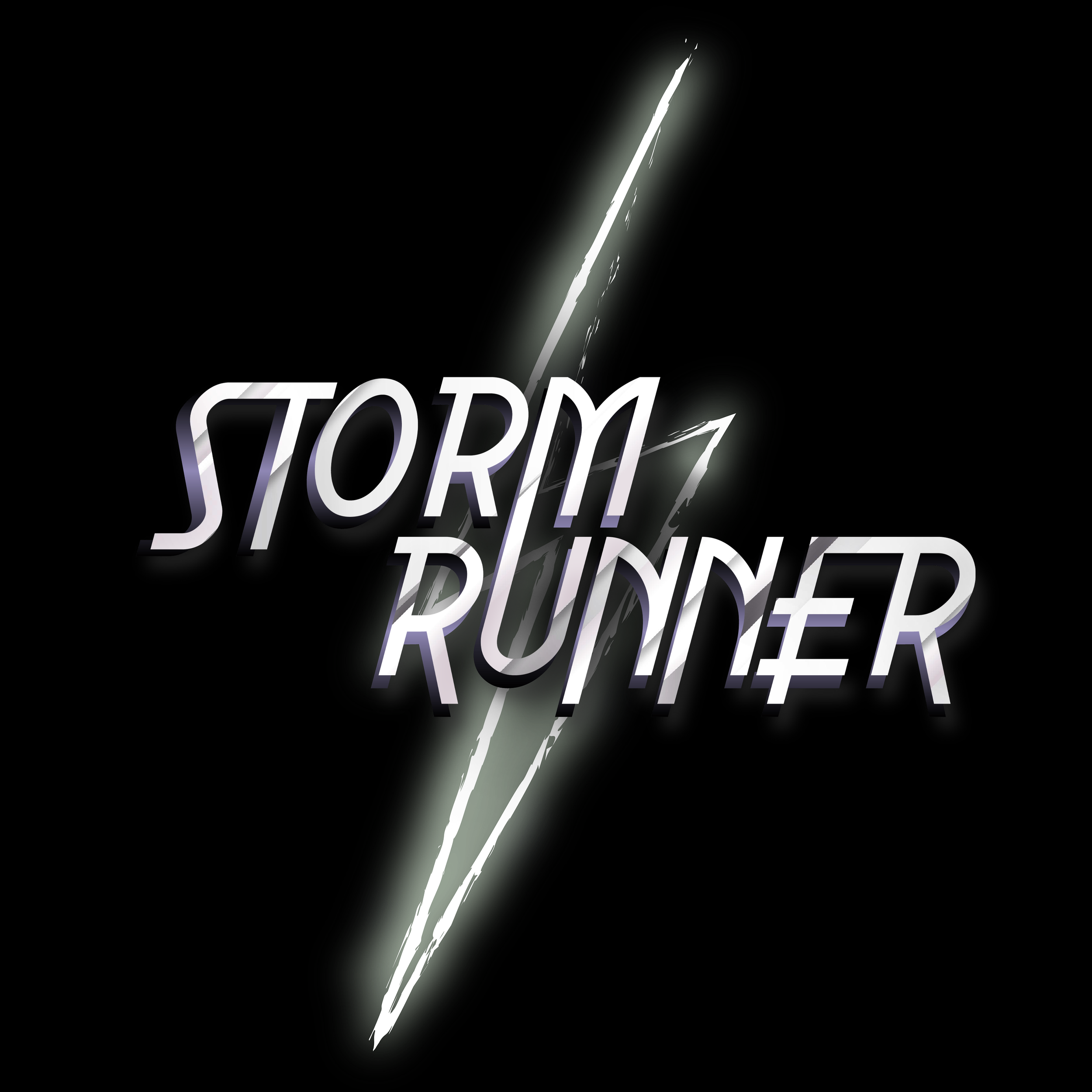Text on a black background with a lightning streak of white and gray running through it, reading 'Storm' and 'Runner'.