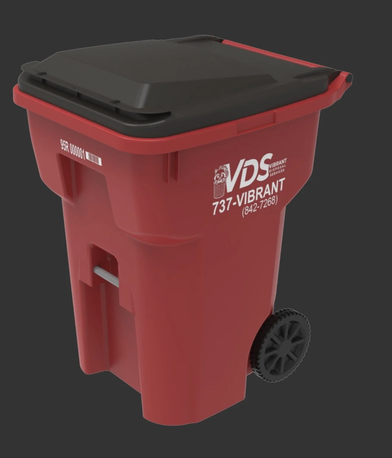 Red recycling bin with black lid, displaying VDS Vibrant Disposal Services logo and contact information, with a large wheel on the bottom right side.