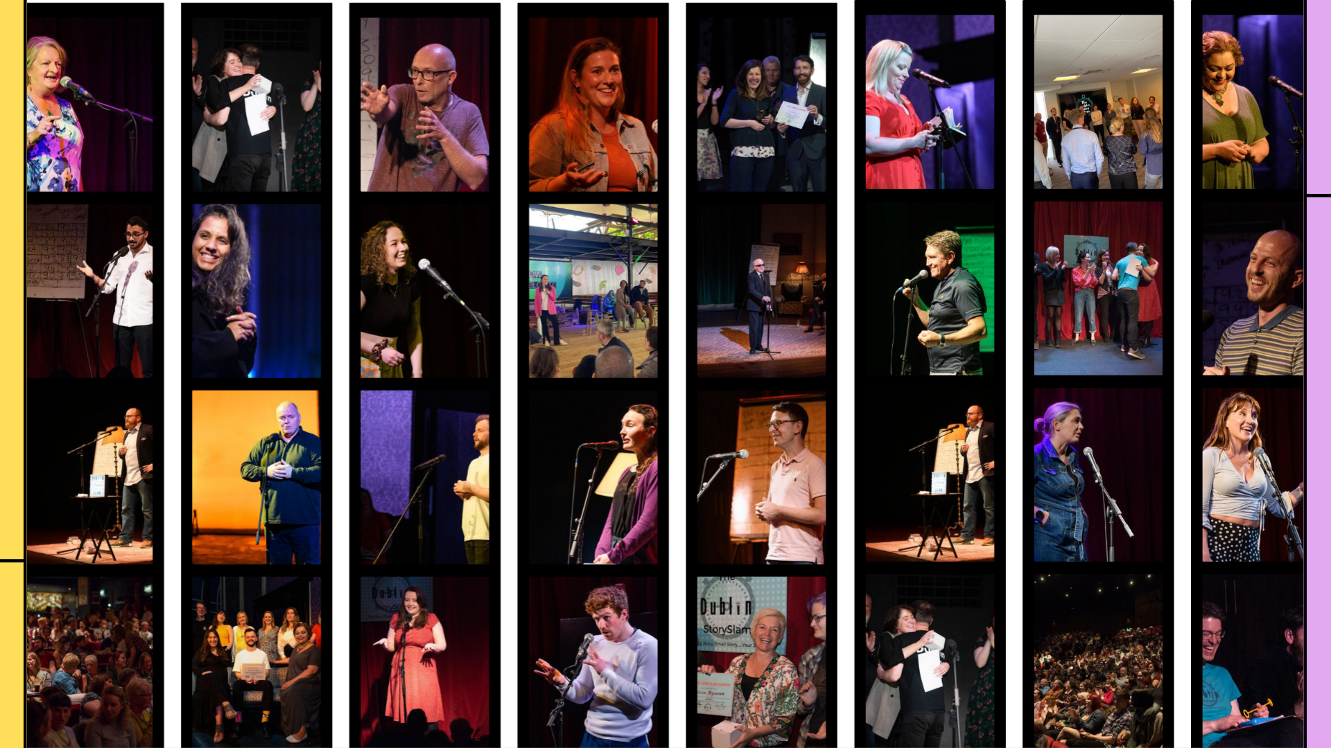 Collage of people performing, speaking, and attending an event or show on stage, in conversation, or in a group setting.