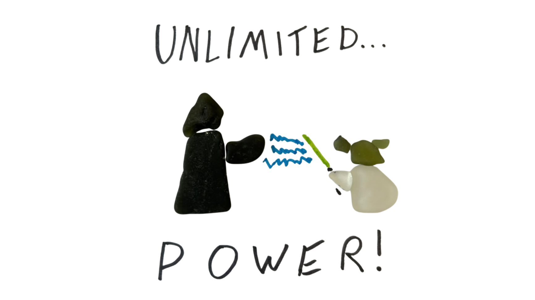 Handmade rocks arranged to depict two figures, with text reading 'UNLIMITED... POWER!'