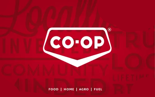 Co-op logo over a red background with faint community-themed text and the words “Food | Home | Agro | Fuel.”