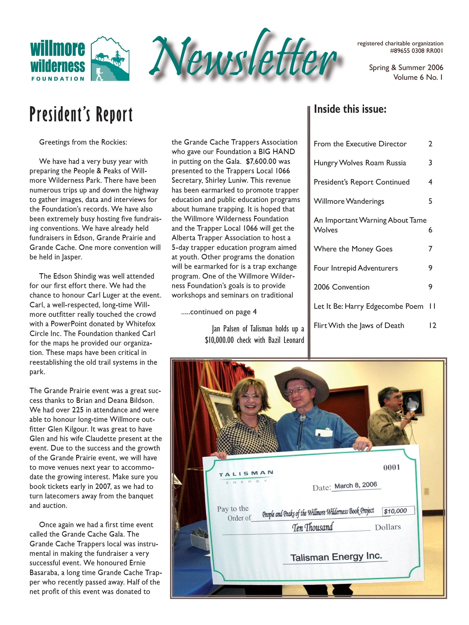 Spring and Summer 2006 Willmore Wilderness Foundation newsletter cover featuring a $10,000 Talisman Energy donation check presentation.