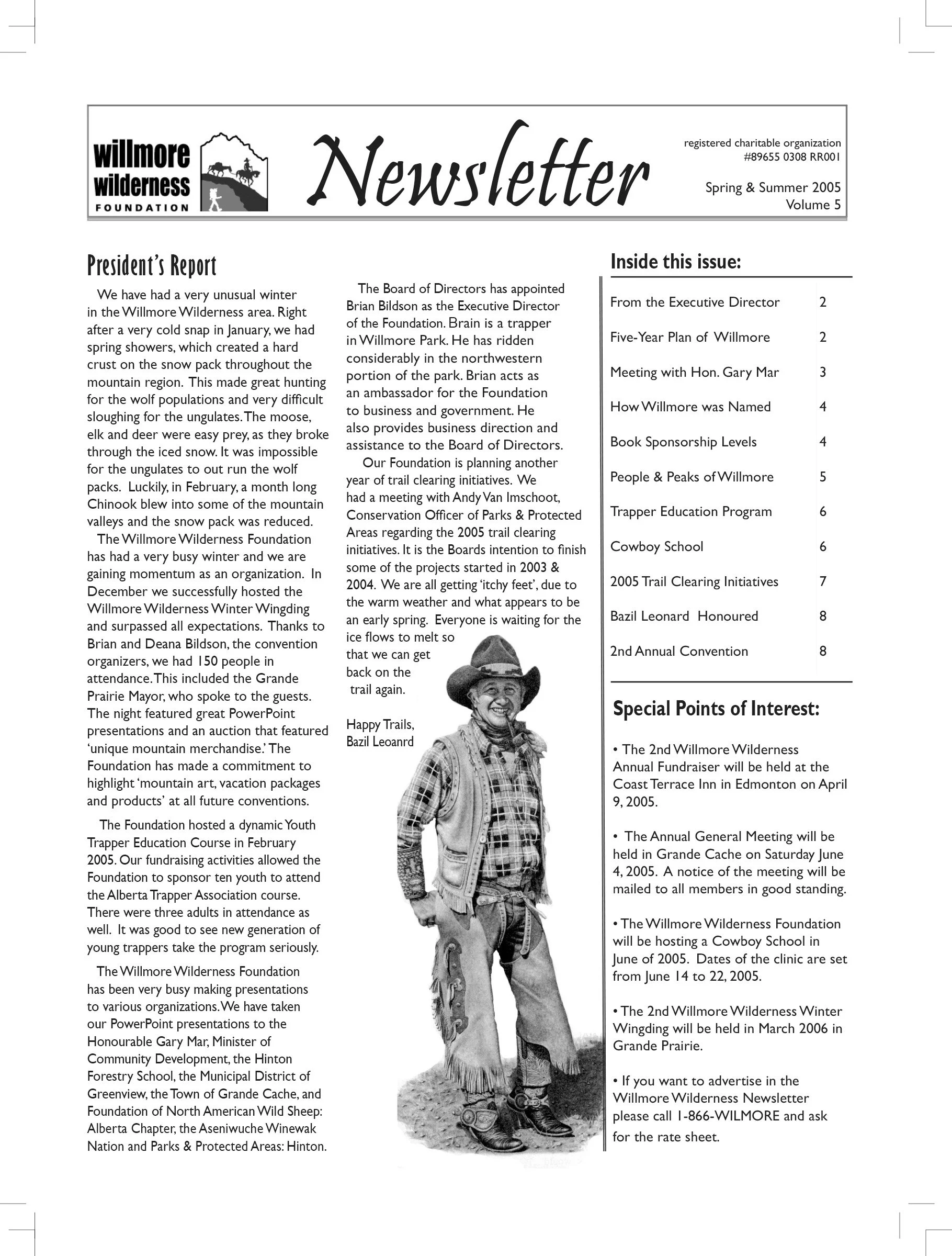Cover page of the Spring and Summer 2005 Willmore Wilderness Foundation Newsletter, featuring a cowboy illustration and a table of contents.