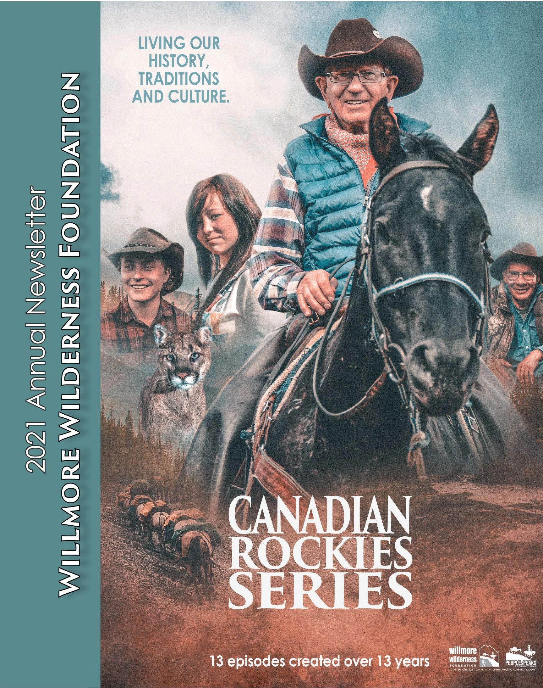 Canadian Rockies Series poster featuring a cowboy on horseback, wilderness guides, and a mountain lion, with text about preserving Canadian history, traditions, and culture.