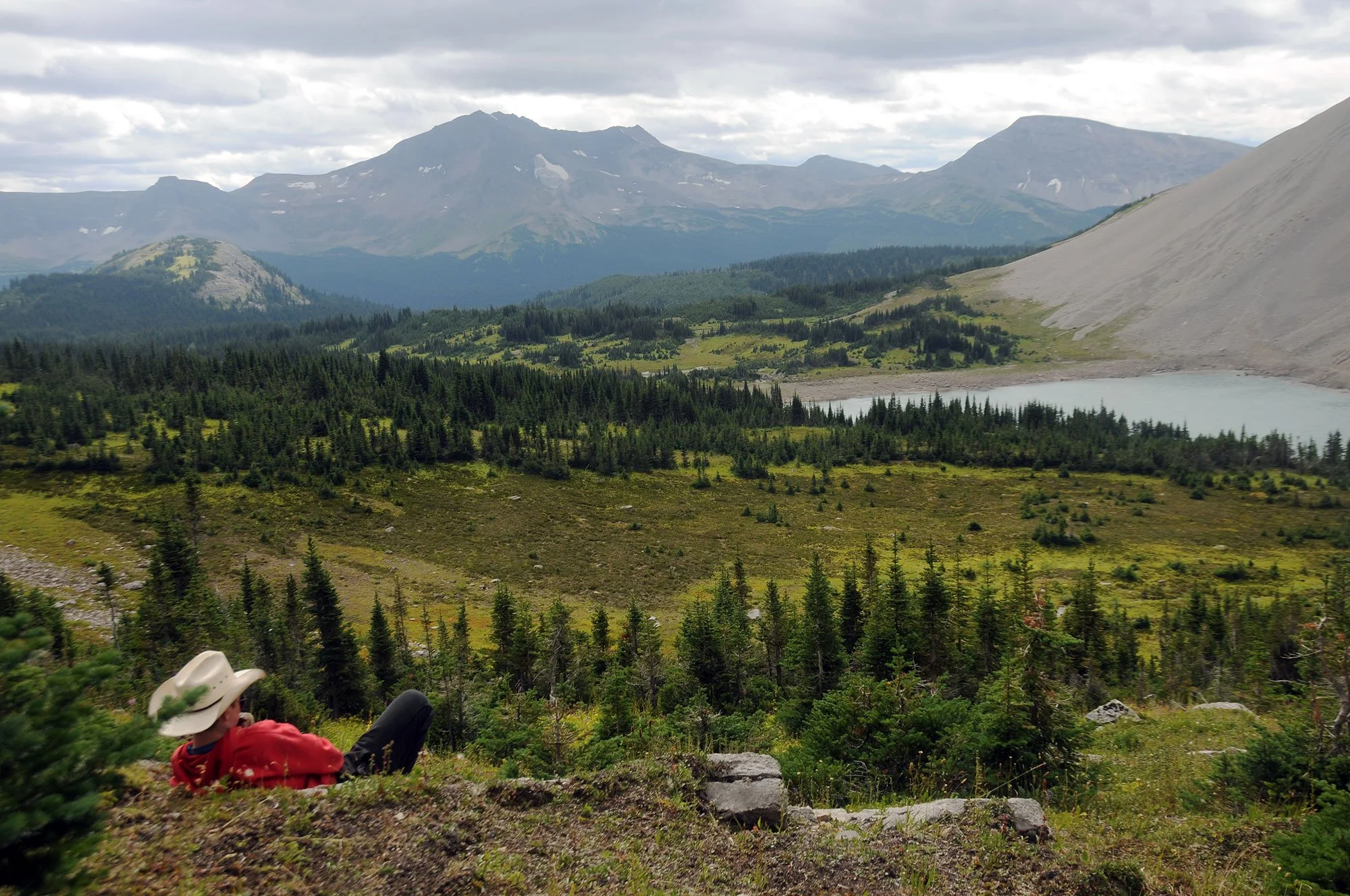 Hiker in a cowboy hat overlooking a forested mountain valley, alpine lake, and snow-dusted peaks under cloudy skies