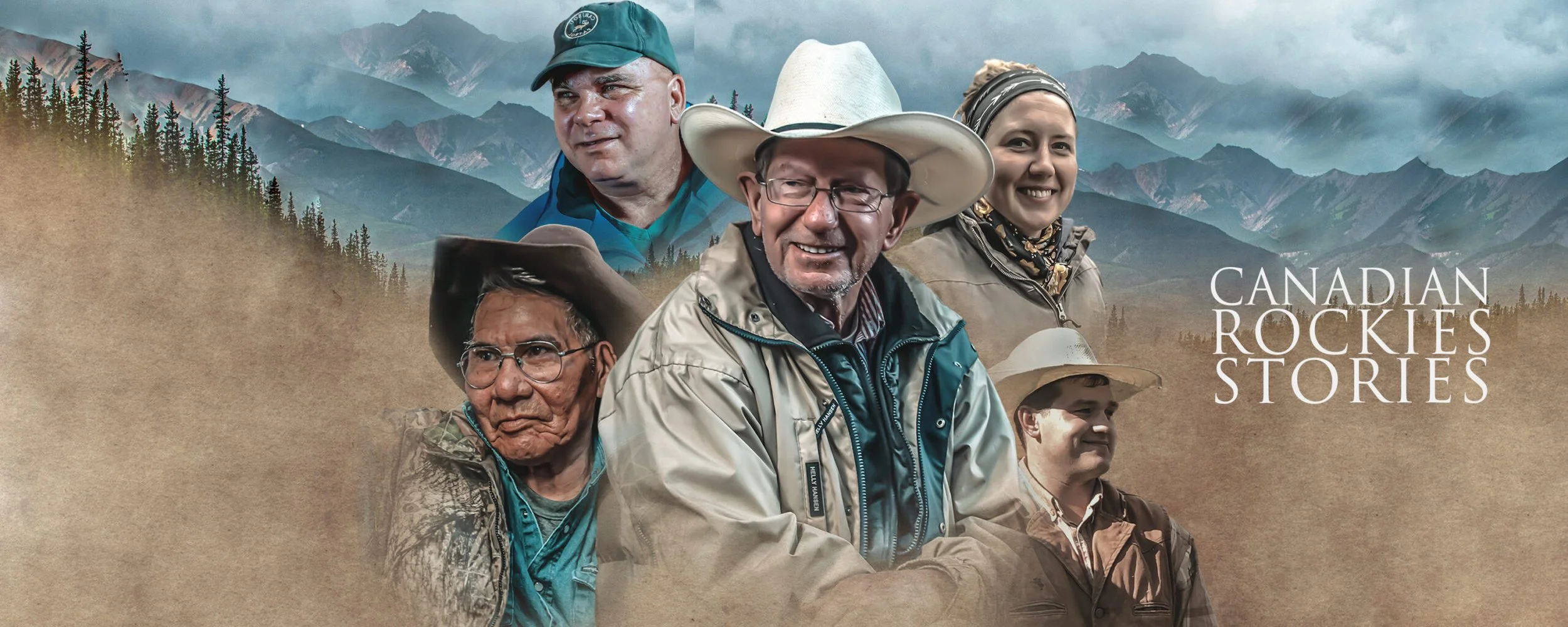 Canadian Rockies mountain landscape with a group of diverse people wearing outdoor and cowboy hats, alongside the title “Canadian Rockies Stories.”