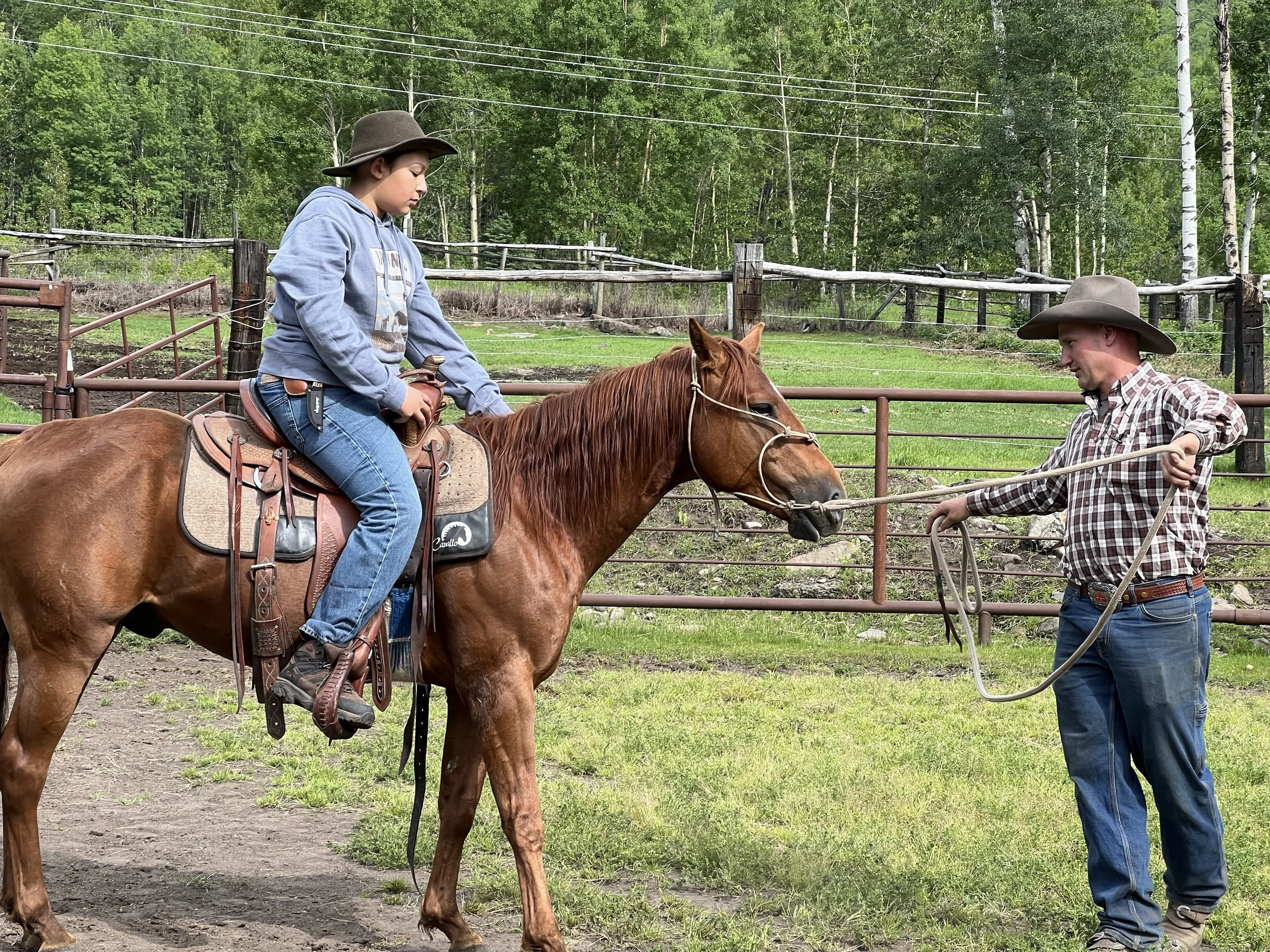 Child in a cowboy hat riding a saddled horse while a rancher guides it in a fenced woodland paddock.