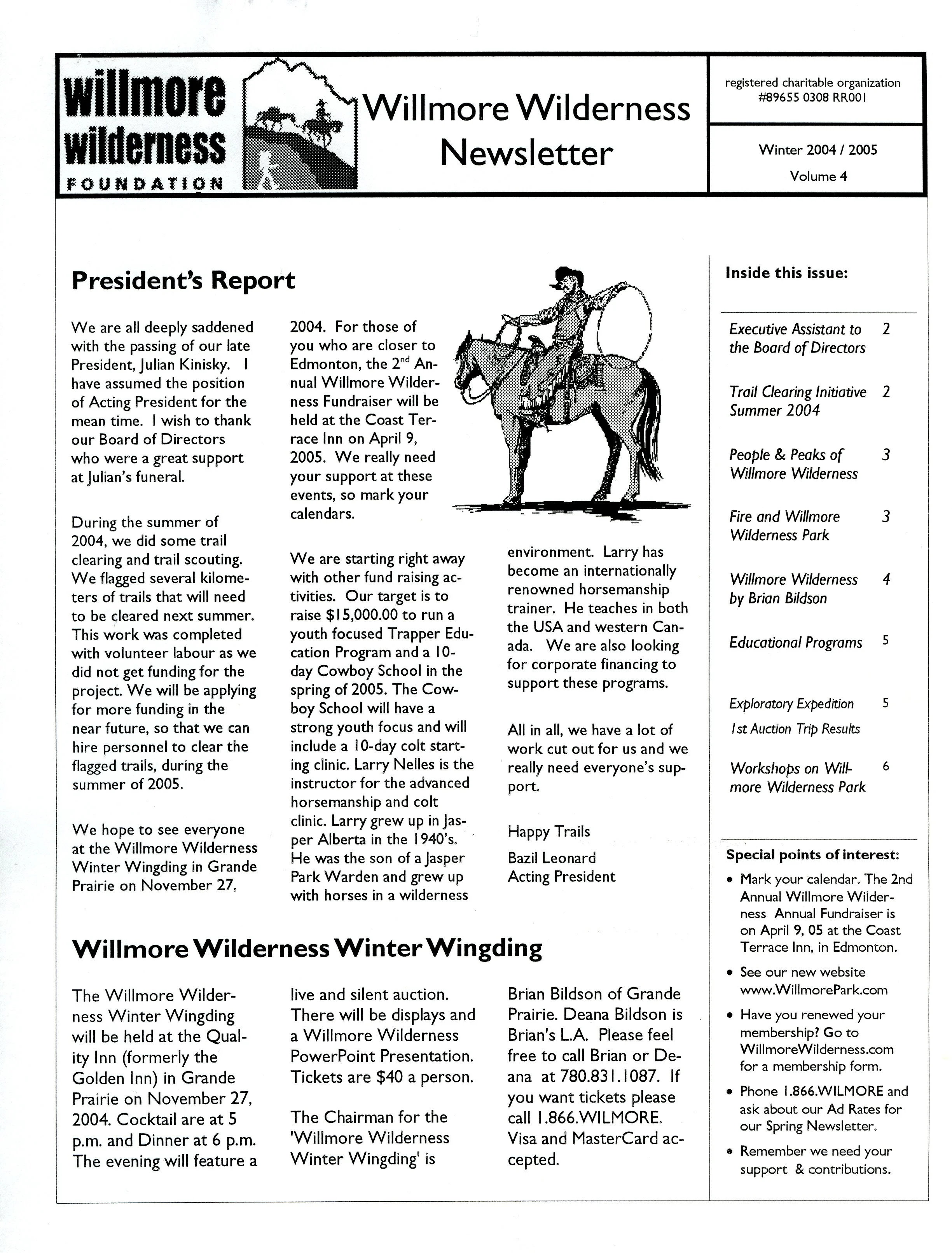Winter 2004–2005 Willmore Wilderness Foundation newsletter cover featuring a mounted cowboy illustration, President’s Report, and issue contents.
