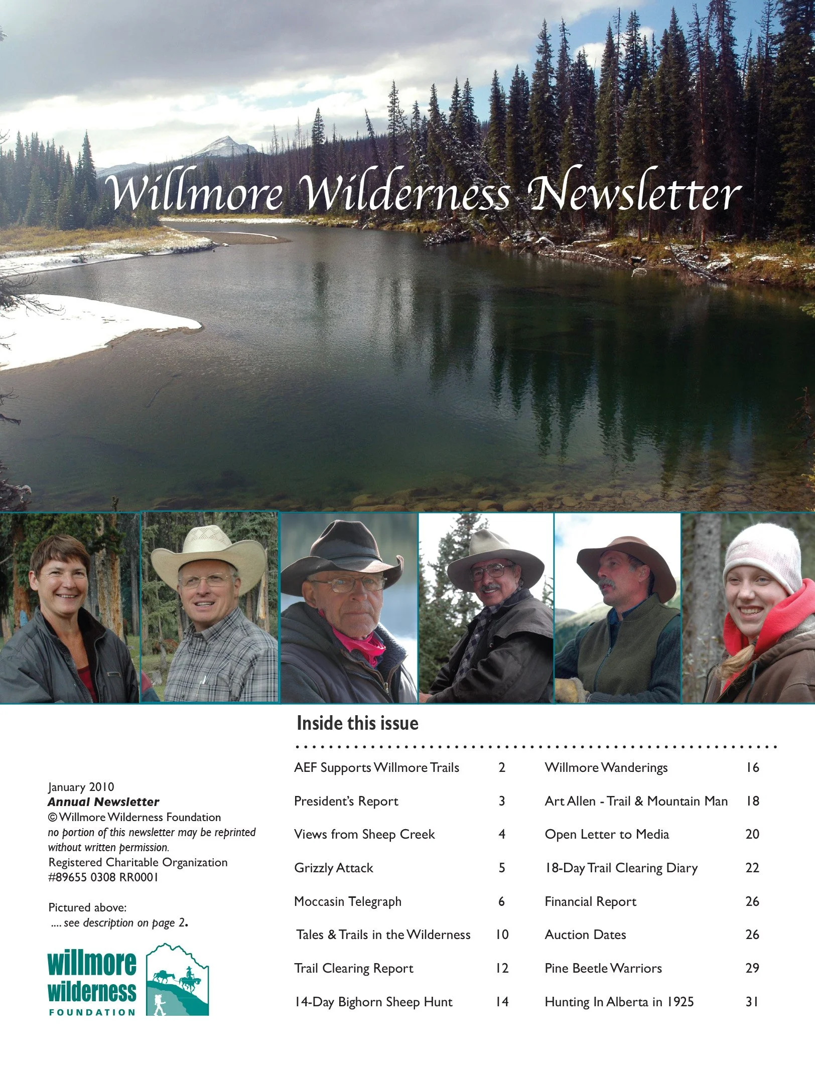 January 2010 Willmore Wilderness Foundation newsletter cover featuring a snowy forest river, mountain, and portraits of six people.