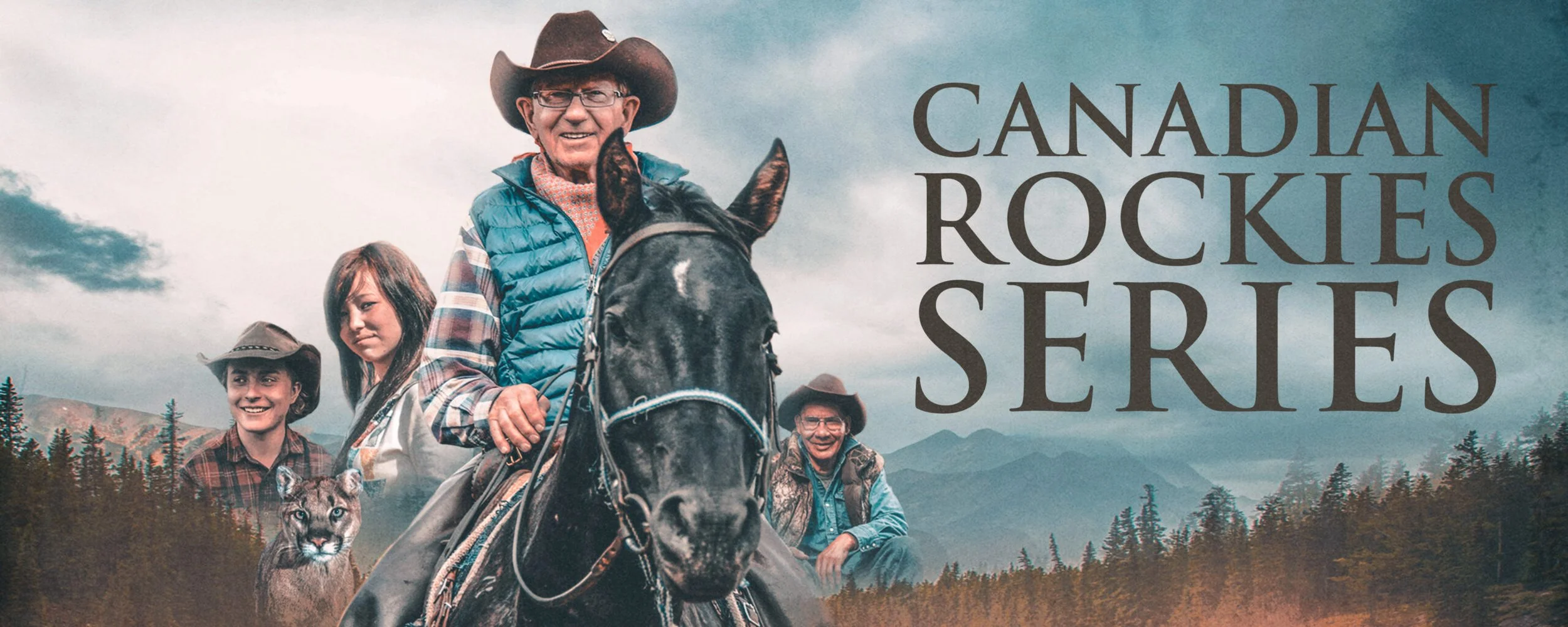 Illustrated Canadian Rockies series banner featuring a cowboy on horseback, three other people, a mountain lion, and forested mountains.