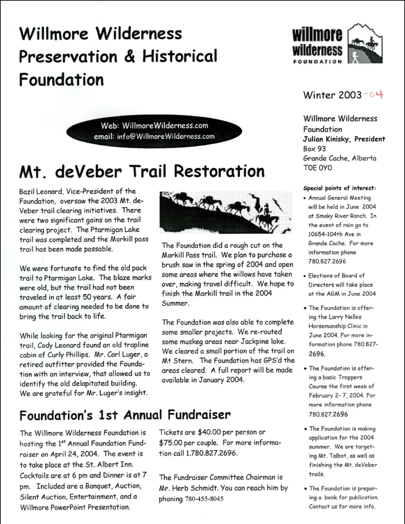 Winter 2003–04 Willmore Wilderness Foundation newsletter featuring Mt. deVeber trail restoration, fundraiser details, and foundation announcements.