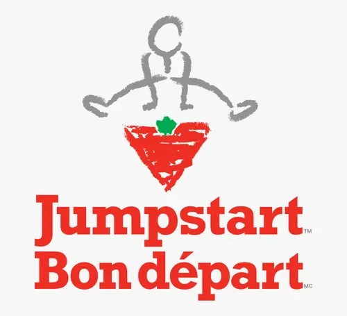 Jumpstart Bon départ logo with a gray jumping figure above a red inverted triangle and green maple leaf